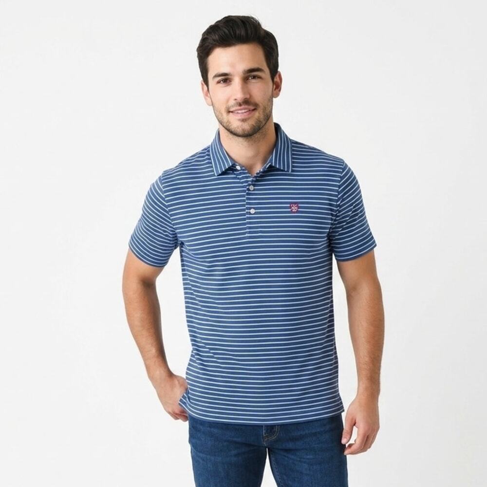Peter Millar Golf Polo Shirt Mens 2XL Blue Striped CGA Crest Embroidered Logo